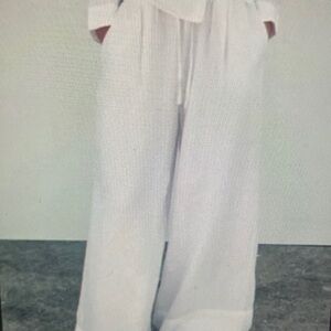 Wide Leg Drawstring Linen Pants in White